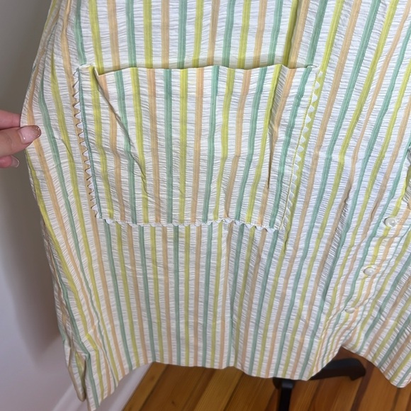 Vintage 60s 70s Seersucker House Coat Striped Lounge Dress Ric Rac Trim Mumu - Picture 5 of 14
